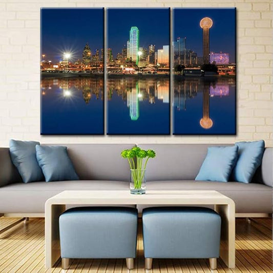 3 Pcs Wall Art Dallas Skyline Reflected in Trinity River at Sunset Canvas Art Paintings For Room Decor Texas Cityscape Skyscrapers Night Scene Picture Prints On Canvas For Home Decor - 40‘’ x 60‘’