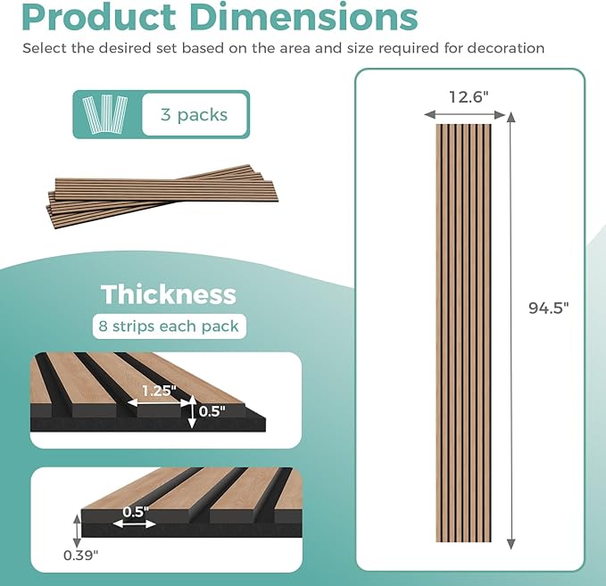 3-Pack 94.5" x 12.6" Acoustic Panels, Sound Absorbing 3D Wall Panels for Ceiling and Wall, Decorative Slat Wall Paneling for Living Room andTV Background, Oak