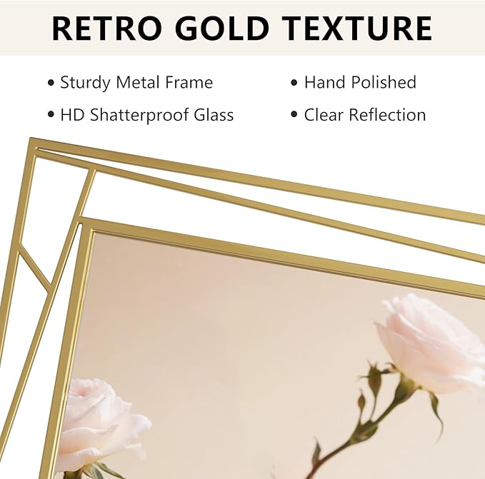 Brushed Gold Vanity Mirror for Bathroom 45" x 30" Brushed Brass Rectangle Beveled Framed Bathroom Wall Mirror for Over Sink, Tempered Glass, Modern Farmhouse Bedroom, Entryway, Living Room