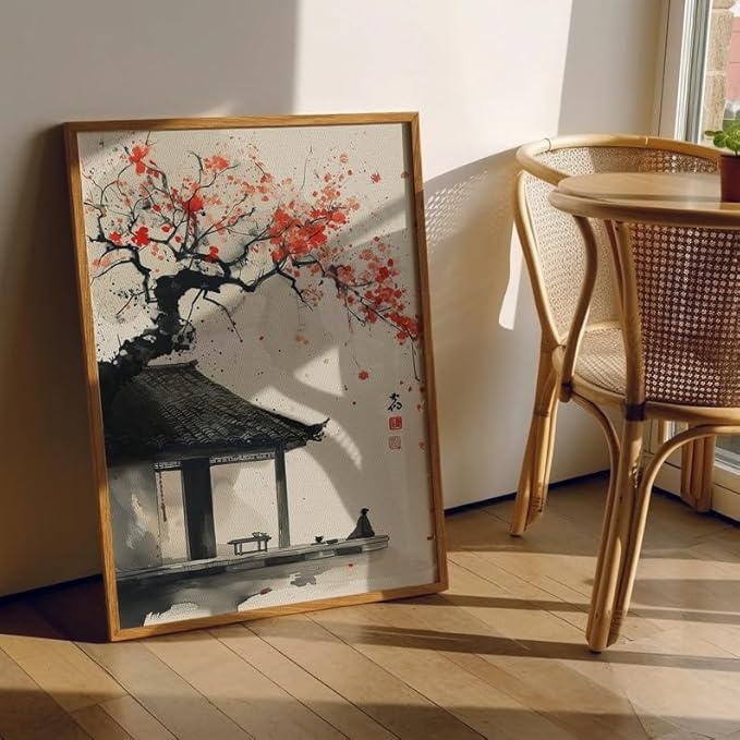 Japanese Ink Wash Painting Poster, Zen Wall Art Print with Red Blossoms, Traditional Asian Landscape Artwork, Japandi Minimalist Home Decor for Gallery or Living Room (Unframed) (20x30)