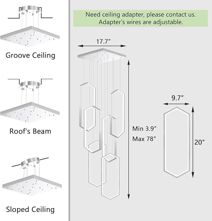 6 Rings Modern Chandelier LED Dimmable Pendant Lighting Adjust Flush Mount Ceiling Light for Foyer Lobby Living Room Staircaes Sliver 78.7''