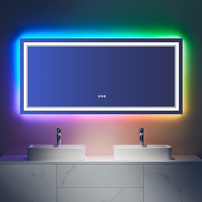 72x32 Inch Bathroom LED Vanity Mirror with RGB Lights Color Changing Backlit Bathroom Mirror Dimmable Anti-Fog led Mirror for Bathroom (RGB Multicolor Backlit+Adjustable Front-Lighted)