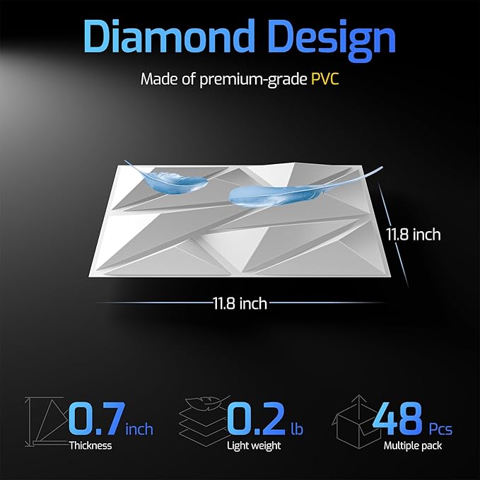 48 Pack White 3D Wall Panels for Interior Wall Decor, 11.8'' x 11.8'' Decorative Wall Panels, Accent Wall Panels, 3D Diamond Design Wall Decor for Living Room, Bedroom, Gaming Room