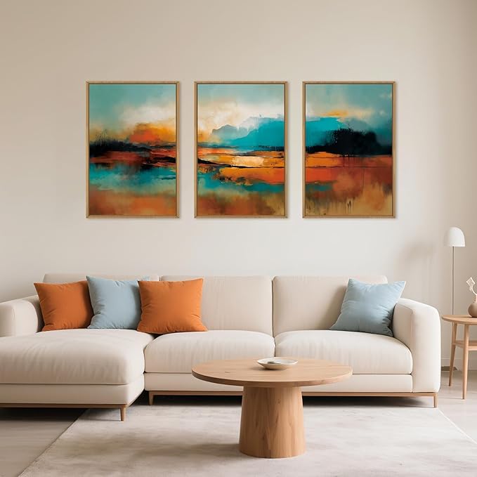 Large Abstract Burnt Orange Framed Canvas Wall Art,Neutral Blue and Black Wall Decor,Modern Brush Stroke Artwork,Minimalist Watercolor Art Print for Living Room,Bedroom,Office- 16"x24"x3