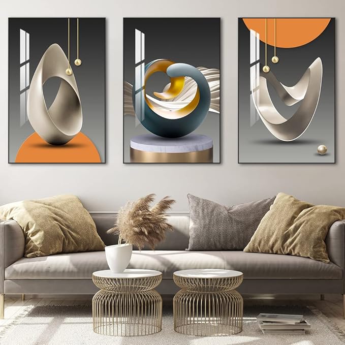 MPLONG Wall Art, Bright Style Framed Wall Art, Abstract Modern Art Shape Pattern White Blue Yellow Grey Wall Art Artfully Matching Living Room Bedroom Office Wall Decor - 24"x 32"x 3 Panels