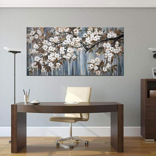 Large Canvas Wall Art for Living Room Wall Decor Abstract White Flower Tree with Gray Driftwood Picture Modern Framed Canvas Prints Artwork Ready to Hang for Bedroom Home Wall Decoration size 24x48
