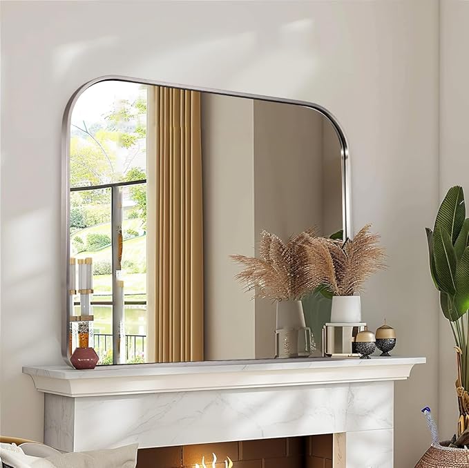 ANDY STAR Brushed Nickel Arched Mirror, 36x30’’ Modern Mantel Mirror Rounded Corner for Fireplace, Bathroom, Powder Room in 1 inch Anti-Rust SUS304 Tube Metal Frame Wall Mounted