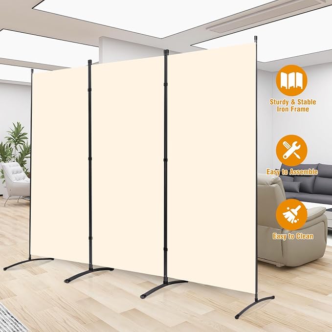 3 Panel Folding Privacy Screens, 6 FT Tall Wall Divider with Metal Frame, Freestanding Room Divider for Office Bedroom Study (3 Panel, Beige)