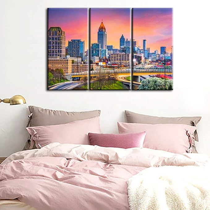 Cityscape Pictures for Living Room Native American Wall Art House Decorations 3 Panel Canvas Atlanta, Georgia Skyline Painting Sunset Home Decor Modern Artwork Framed Ready to Hang - 28‘’x14‘’x3