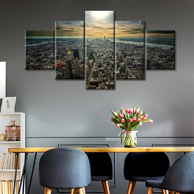 5 Panel New York Office Decor Art Prints Cityscape Pictures Wall Decor for Living Room New York Skyline Artwork Paintings Contemporary Home Decor Stretched and Framed Ready to Hang (60"Wx32"H)