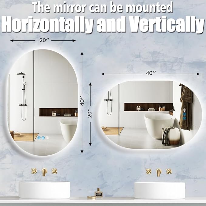 40 x 20 Inch Oval LED Backlit Mirror for Bathroom Salon Wall Horizontal/Vertical Mounted Antifog Smart Memory 3 Color 40 Inch Backlit Frameless LED Oval Lighted Vanity Mirror with Lights