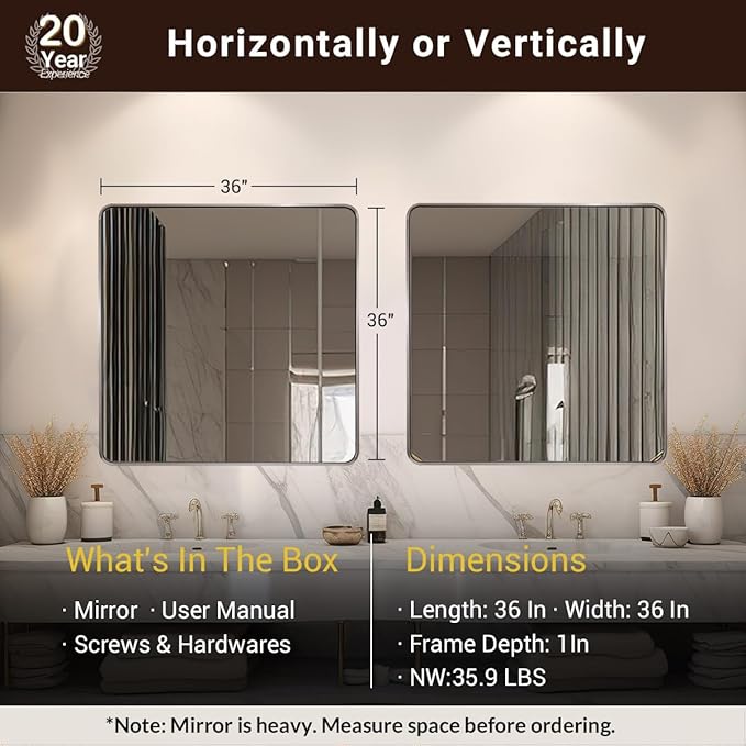 ANDY STAR 36x36 Inch Brushed Nickel Bathroom Mirror, Rounded Square Bathroom Vanity Mirrors for Wall, Anti-Rust SUS304, Seamless Tube Metal Frame, 1’’ Deep Wall Mounted Vertically/Horizontal