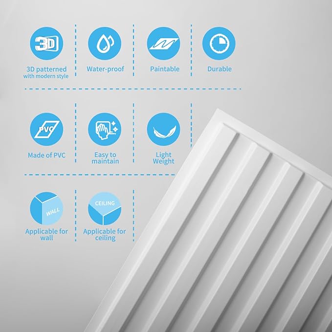 Art3d 12-Pack Slat Design 3D Wall Panels for Interior Wall Decor, 2x4 FT PVC Decorative Drop Ceiling Tiles - White