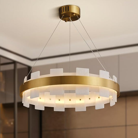 Modern Alabaster Linear Chandelier, 20 Inch Round Adjustable Flushmount Ceiling Light Fixture for Living Room, Over Table, Bedroom, Hallway, Entryway