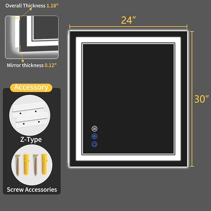 24"x30" LED Bathroom Mirror with Lights, Anti-Fog, Backlit + Front Lit, Dimmable, Led Vanity Mirror for Wall, Lighted Bathroom Mirror, 3 Colors, Shatter-Proof Tempered Glass