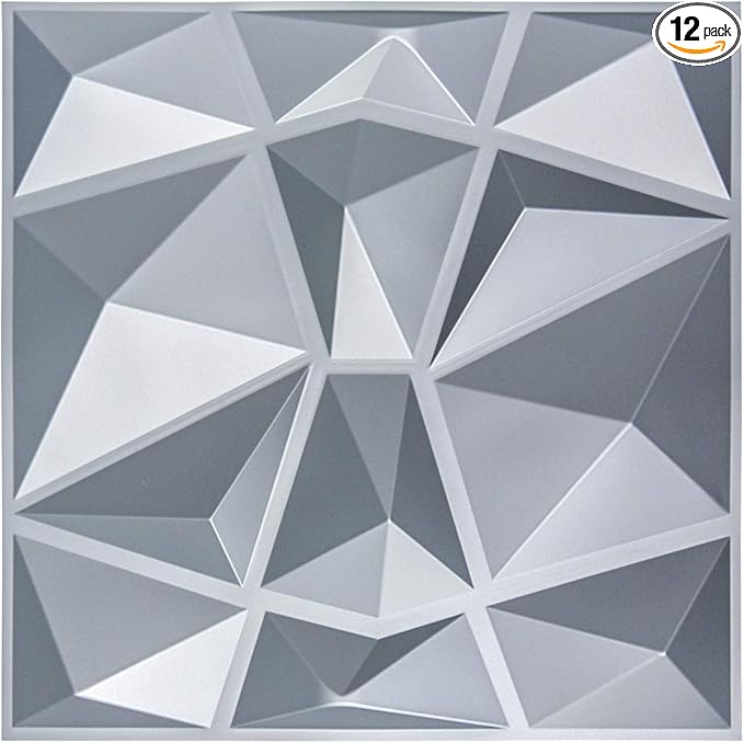 Art3d 3D Paneling Textured 3D Wall Design, Grey Diamond, 19.7" x 19.7" (12 Pack) (Matt Grey)
