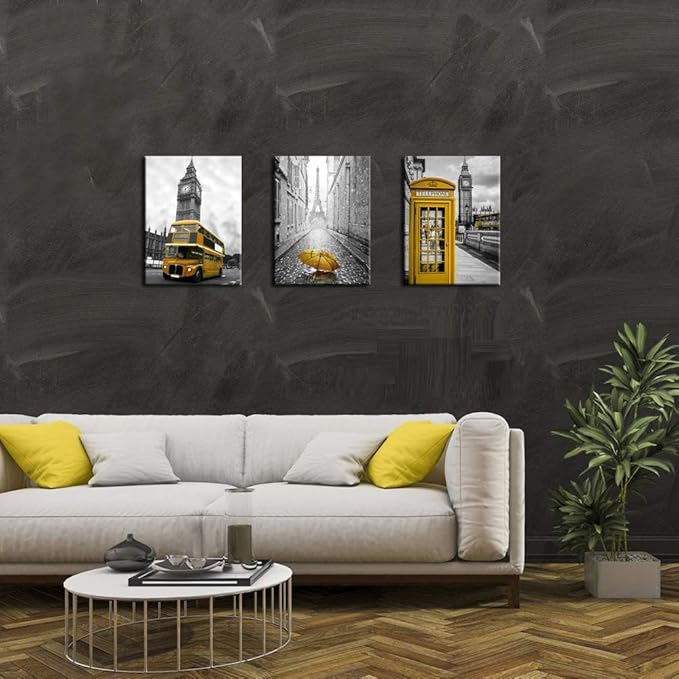 Biuteawal - 3 Panel City Wall Art Black and White Pairs Eiffel Tower with Yellow Umbrella Picture Prints London Big Ben Telephone Booth Bus Landscape Painting on Canvas for Living Room Bedroom Office