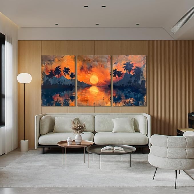 MAMAGO Large 3 Panels Sunset On Ocean Canvas Wall Art Palm Trees Natural Beautiful Print Oil Painting Stly for Living Room Bedroom Hallway Office Framed Easy to Hang-24”W x 36”Hx3pcs