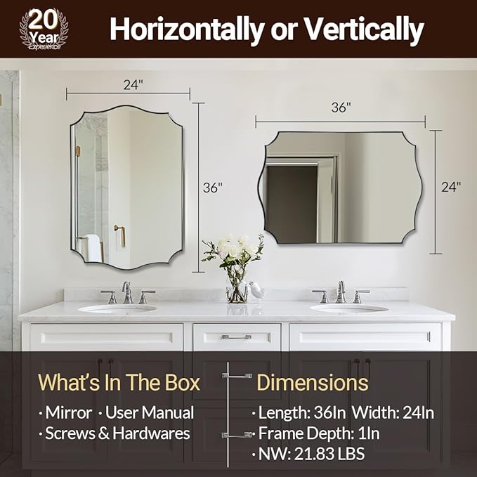 ANDY STAR Chrome Mirror 24x36, Polished Silver Bathroom Mirror, Modern Wavy Mirror with Sophisticated Curved Design, SUS304 Anti-Rust, 1’’ Deep Wall-Mounted Vertically/Horizontally