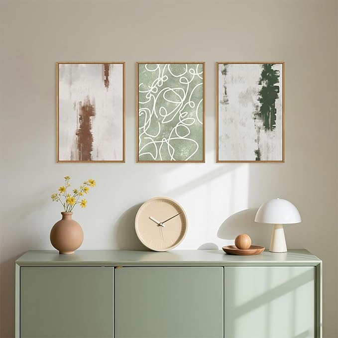 Large Abstract Green and Brown Framed Canvas Wall Art,Neutral Brush Stroke Wall Decor,Modern Watercolor Line Artwork,Minimalist Geometric Art Print for Living Room,Bedroom,Office- 24"x36"x3