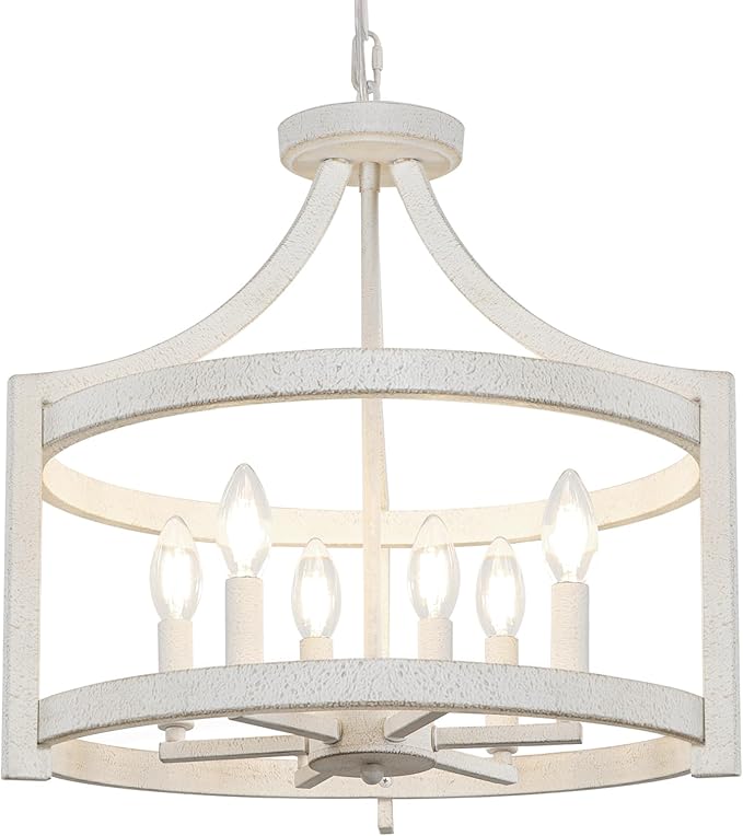 6-Light Farmhouse Chandelier, Distressed Hanging Pendant Lighting, Convertible Semi Flush Mount Ceiling Light Fixture Vintage White Metal Chandeliers for Dining Room Kitchen Foyer Entryway