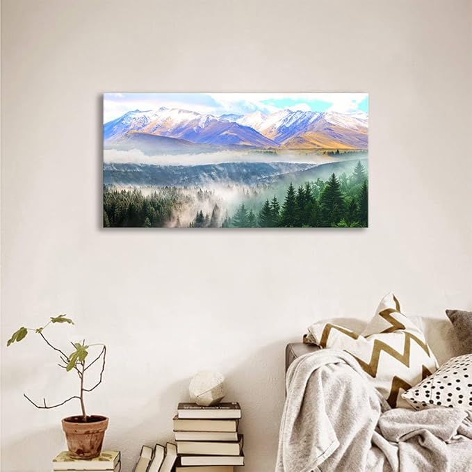 BYXART Canvas Wall Art for Bedroom Misty Forest Foggy Mountain Landscape Artwork Nature Picture Bathroom Decor Smoky Scenery Painting For Living Room Home Office Decorations 40L x 20W