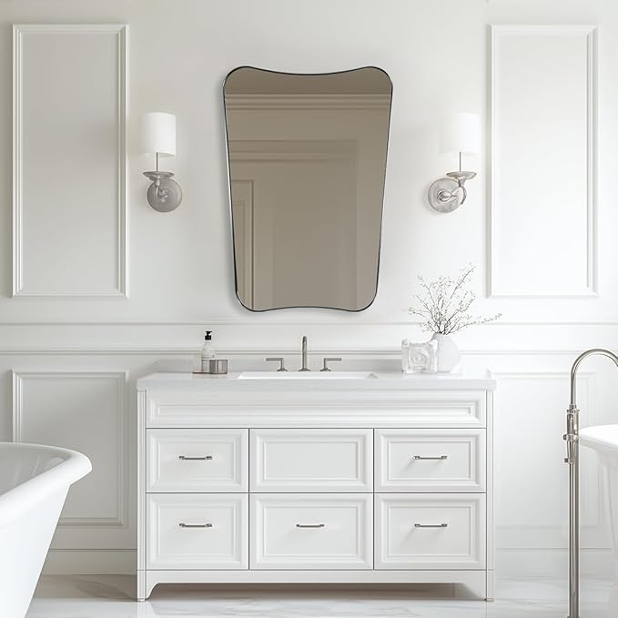 ANDY STAR Brushed Nickel Asymmetrical Wall Mirror, 24x32 Inch Bathroom Vanity Mirror, Butterfly Shaped Designer Mirror Ideal for Home Remodel, Anti-Rust Stainless Steel 1’’ Thin Frame