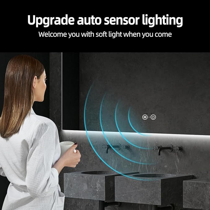 36" H x 60" W LED Bathroom Mirror, Infrared Motion Sensor Vanity Mirror with 3-Color Top & Bottom Backlit Lights, Stepless Dimmable Wall Mirror with Anti-Fog, Rectangular, UL-Listed