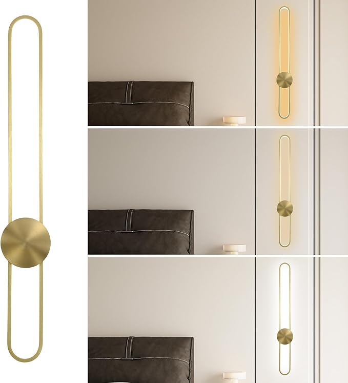 Modern Wall Sconce Dimmable 3000K/4000K/6000K LED Wall Light Fixture, Hardwired Wall Lamp for Living Room, Dining Room, Bedroom, Hallway, Lobby, Entryway (Brushed Gold, 35.4inch/H90cm)