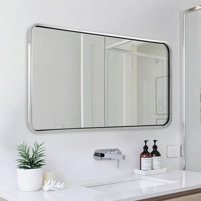 ANDY STAR Chrome Mirrors for Bathroom, 24x40’’ Chrome Rounded Rectangle Mirror Stainless Steel Metal Tube Framed (Anti-Rust), Wall-Mounted Horizontal/Vertical
