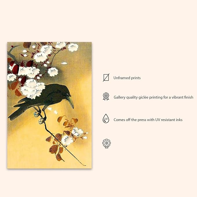 OZCONO Japanese Crow and Cherry Blossoms Wall Art Print, Vintage Ukiyo-e Style, Unframed Gallery Quality Giclée (14L x 11W)