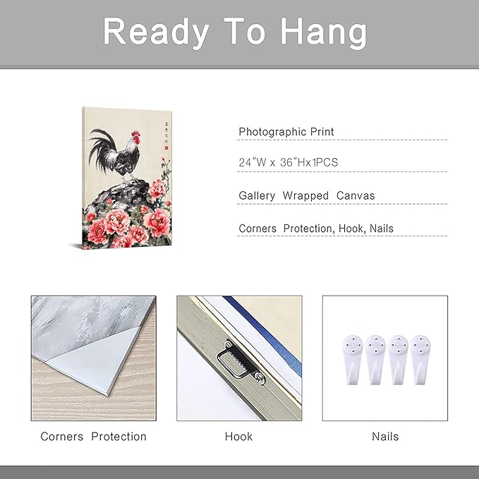 Canvbay Traditional Chinese Wall Art Rooster and Peony Floral Ink Painting on Canvas Framed Oriental Decor for Living Room Study 24x36 Inch