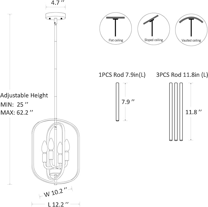 Black Chandeliers for Dining Room, 4-Light Farmhouse Entryway Chandelier, Simple Laundry Room Chandelier, Metal Hanging Light Fixture for Kitchen Island Foyer Stairway Hallway Breakfast