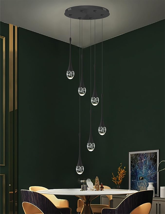 6-Lights Black Dinning Room Crystal Chandeliers Bubble Raindrop Big Crystal Penant Chandeliers Living Room Dimmable 2700-6000k LED Loft Ceiling Lighting Fixture…