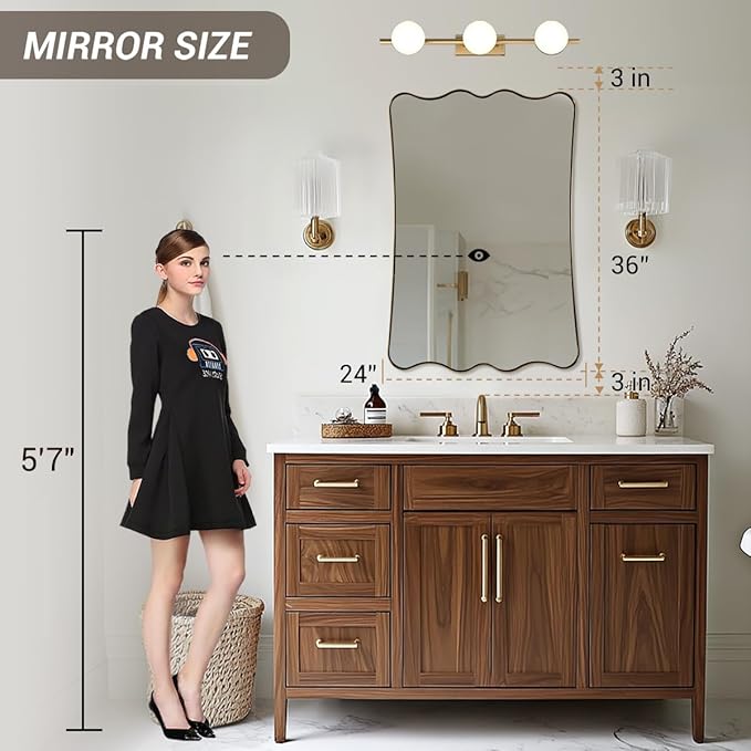 ANDY STAR 24x36 Gold Bathroom Mirror, Brushed Brass Wavy Rectangle Mirror with Curved Design, Irregular Scalloped Wall Mirror for Vanity, Stainless Steel Frame, Anti-Rust, Home Décor