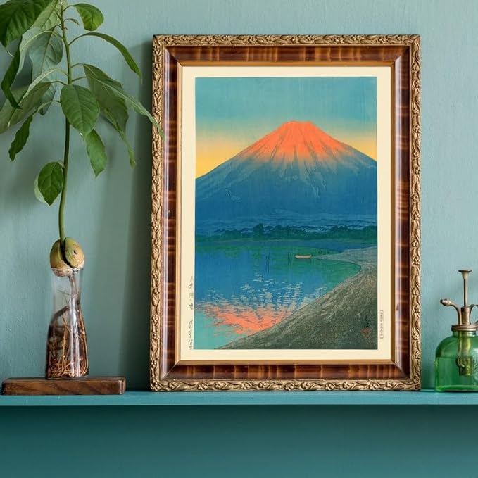 Nationcog Lake Yamanaka and Mount Fuji Woodblock Poster, Japanese Landscape by Kawase Hasui, Ocean Sunset Japandi Decor, Vintage Zen Art Print (Unframed) (11x14)