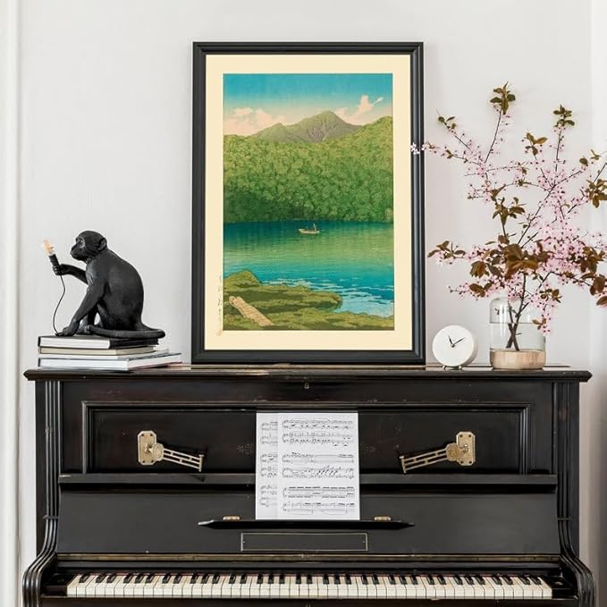 Nationcog Tsutanuma Pond Morning Scene Poster, Japanese Woodblock by Kawase Hasui, Japandi Mountain Decor, Zen Vintage Lake Art Print (Unframed) (9x11)