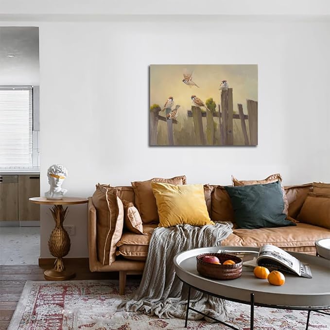 Bird Canvas Wall Art Birds Flying on The Wooden Fence Painting Decor Farmhouse Birds Art Print Pictures for Living Room Kitchen Home Office Decorations 24x32 inch