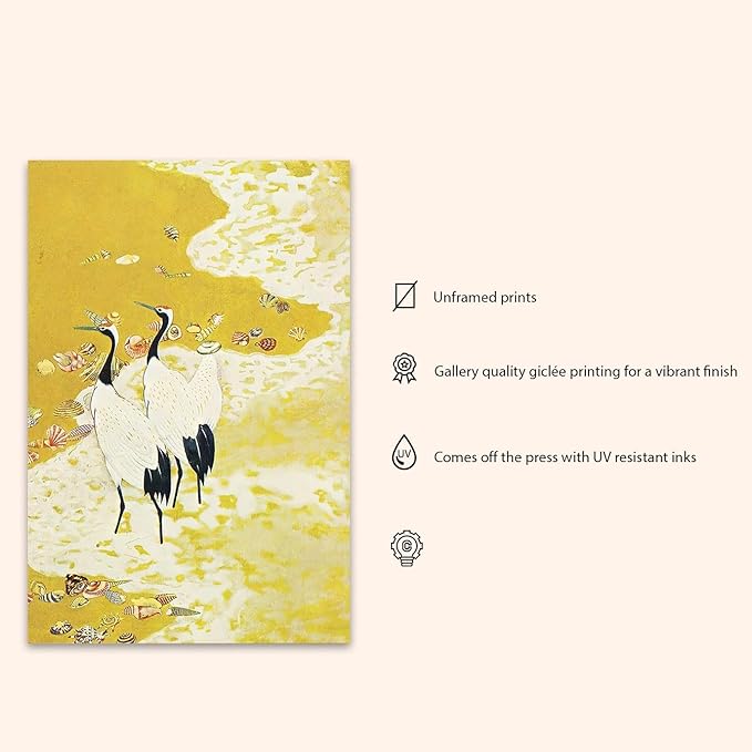 OZCONO Japanese Crane Beach Art Print, Unframed Gallery Quality Giclée Print, Yellow Coastal Bird Wall Decor with UV Resistant Inks (40L x 27W)