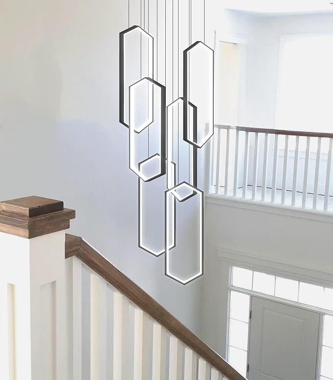 6 Rings Modern Chandelier LED Dimmable Pendant Lighting Adjust Flush Mount Ceiling Light for Foyer Lobby Living Room Staircaes Black