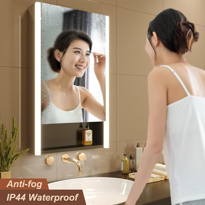 KWW LED Lighted Bathroom Medicine Cabinet with Sockets & USBs, Defogger, Dimmable, 3 Color Light Makeup Mirror, Easy to Install, Wall Mounted Cabinet (Left Hinge, 21 * 34)