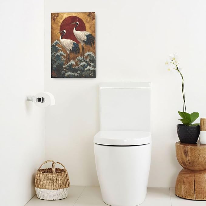 Japanese Crane Wall Art Gold Oriental Asian Wall Decor Sandhill Crane Canvas Pictures Paintings Prints Japan Traditional Aesthetic Artwork Framed Chinese Decorations For Bedroom Living Room Office Gifts 16" x 24"