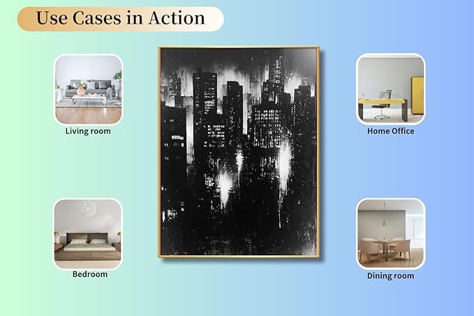 Abstract Cityscape Wall Art, Modern Urban Night Skyline Canvas Painting, Contemporary Expressionist City Decor (Gold, 29" W x 39" L / 75x100cm, Framed)