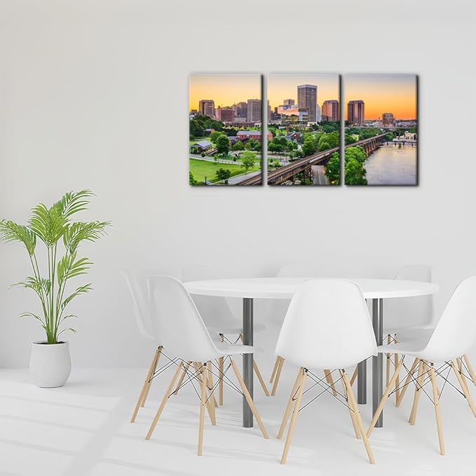 Pacimo Canvas Print Wall Art Set Richmond Skyline Giclee Poster Gallery Wrapped Virginia Cityscape Modern Artwork for Living Room Bedroom Office Stretch and Framed Ready to Hang - 16"x24"x3 Panels