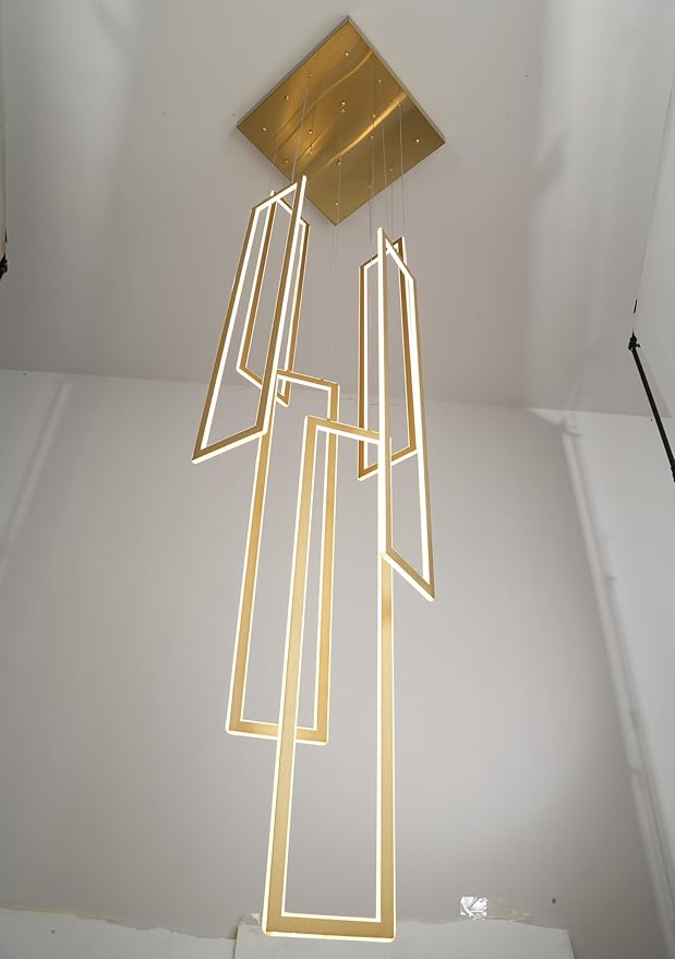 Modern Chandelier,6 Ring Led Foyer Chandeliers,Larger High Ceiling Chandelier for Living Room,Gold Rectangle Chandelier for Entryway Staircase LED Dimming 2700k-6000k