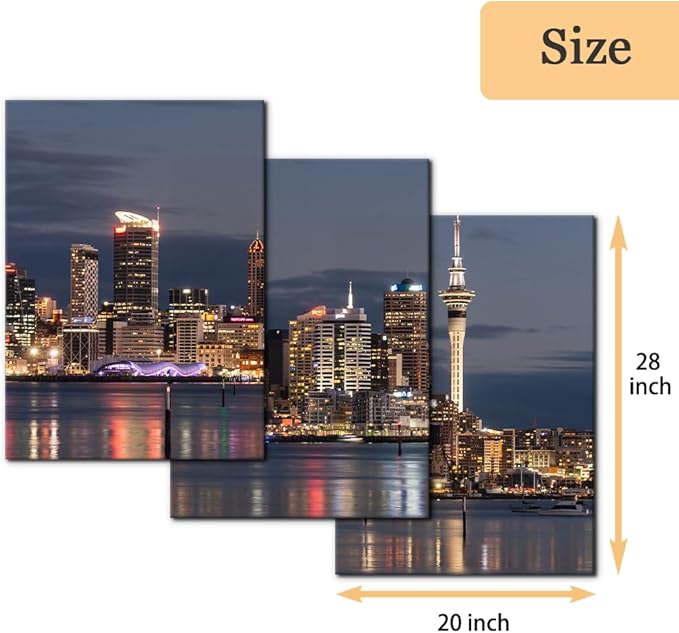 Pacimo Auckland Cityscape Wall Art - Framed Canvas Painting Prints with City Night Skyline Design - Perfect for Modern Artwork Home Decor Wall Decor for Living Room Bedroom Office - 20"x28"x3 Panels