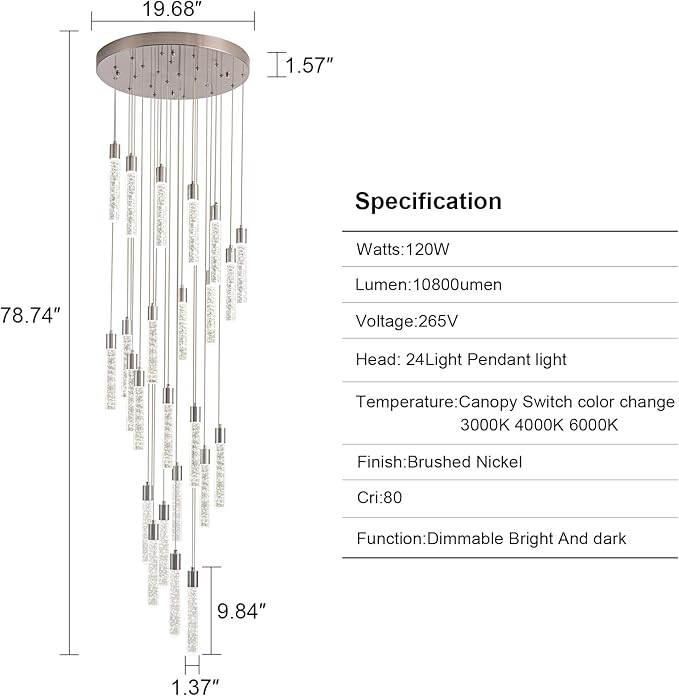 24-Light LED Modern Crystal Chandeliers, Large Long Foyer Chandeliers for High Ceilings, 78" High Dimmable Ceiling Chandelier Pendant Lights Crystal Drop Light for Living Room Foyer Hallway Staircase