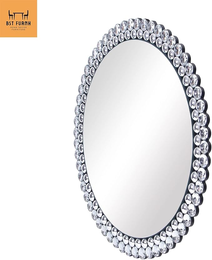 BST FURNH Round Mirror Wall Decor 24 Inches Decorative Wall Mirror with Irregular Framed and Beveled Edge Mirrors for Wall Silver Large Wall Mirror Frameless Mirrors