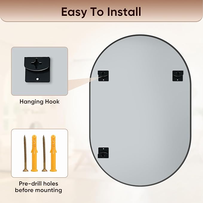 Antok Wall Mirror, 20"x30" Bathroom Vanity Mirror, Anti-Rust HD Tempered Glass, Wall Mounted Mirrors for Living Room, Entryway, Black Frame, Oval