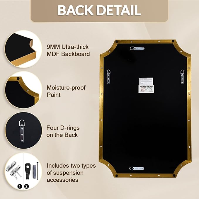 Brushed Brass Bathroom Mirror, 22x30 Inch Notched Corner Scalloped Rectangle Gold Bathroom Wall Mirror, in Anti-Rust Stainless Steel Metal Frame Hang Vertical/Horizontal for Home Decor